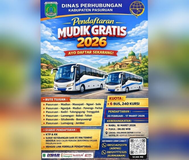 
					Mudik Gratis Lebaran 2026 di Pasuruan Dibuka, Sediakan 240 Kursi ke Enam Rute